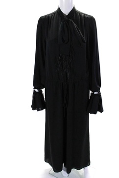 womens drawstring waist long sleeve button up jumpsuit black