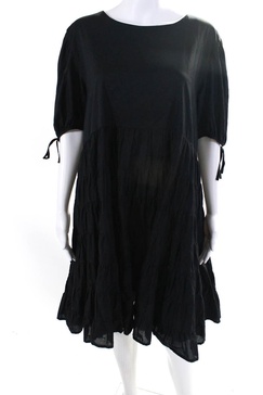 womens cotton puff sleeve round neck a-line midi dress black