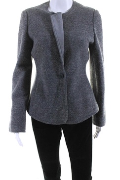 womens wool round neck button up blazer jacket gray