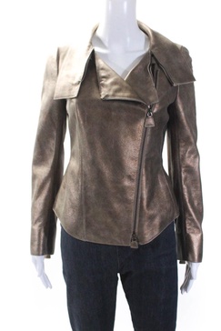 womens long sleeve front zip collared metallic leather jacket brown