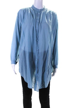 womens long sleeve high neck voile button up shirt blouse blue