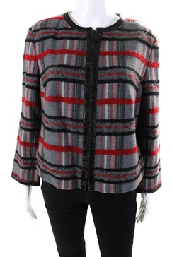 women's round neck long sleeves lined full zip plaid jacket