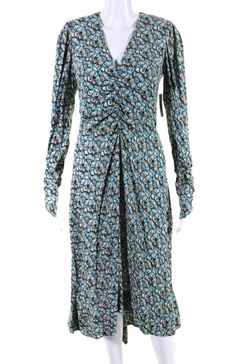 womens haruko floral v neck long sleeve midi dress blue brown