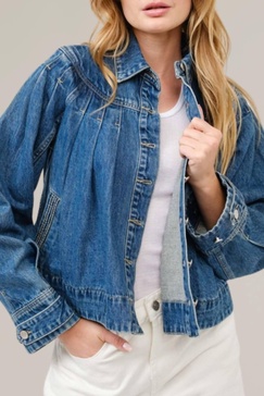 pleated denim jacket with stitch detail in blue