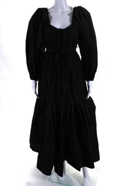 women's off the shoulder puff sleeves tiered belt maxi dress black