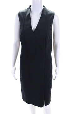 womens navy cotton blend v-neck belt sleeveless shift dress