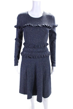 womens glitter ruffled long sleeved sweater dress navy blue