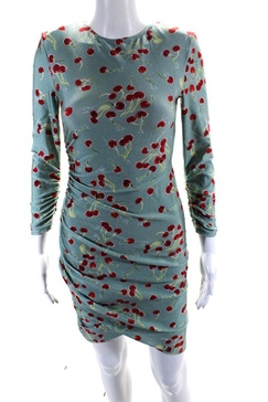 womens cherry print long sleeved bodycon dress blue red