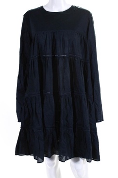 womens long sleeve crew neck ladder lace mini shift dress navy