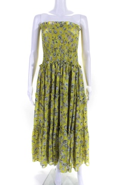 womerns floral print strapless smocked maxi dress green