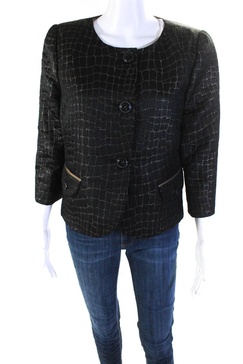 womens button front metallic croc printed jacket black