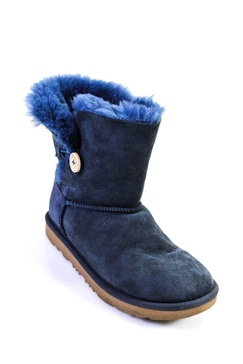 womens shearling lined single button snow boots blue suede