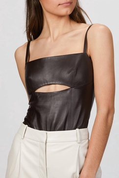 cutout leather bodysuit in bitter