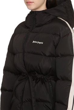 PALM ANGELS Black Full Zip Down Jacket with Contrasting Sleeves and Drawstring Waist