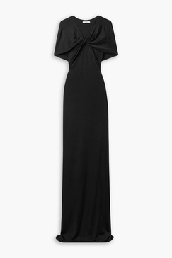 Olive cape-effect twist-front stretch-jersey gown