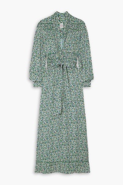 Krizia belted embroidered floral-print twill maxi dress