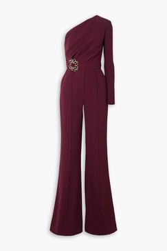 One-shoulder embellished stretch-crepe jumpsuit