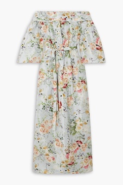 Bardot off-the-shoulder belted floral-print silk maxi dress