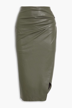 Wrap-effect faux stretch-leather midi skirt