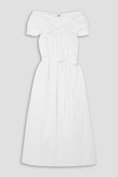 Off-the-shoulder ruched cotton-poplin midi dress