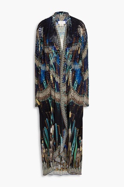 Embellished printed silk crepe de chine and jersey kimono