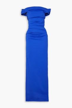 Assertion off-the-shoulder ruched stretch-crepe gown