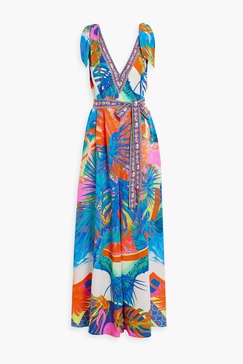 Crystal-embellished printed silk crepe de chine wide-leg jumpsuit