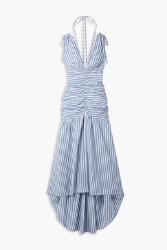 Perrin ruched striped cotton-blend cloqué maxi dress