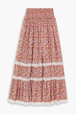 Clotilde lace-trimmed floral-print crepe de chine maxi skirt