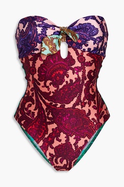 Cutout paisley-print bandeau swimsuit