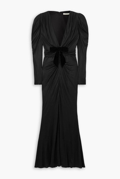 Bow-detailed velvet-trimmed jersey gown