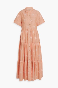 Helena tiered embroidered cotton and linen-blend maxi shirt dress