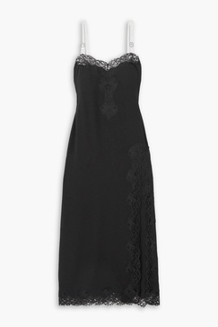 Be Mine buckled PU and lace-trimmed crepe de chine midi dress