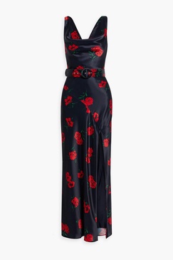 Valentine draped belted floral-print satin maxi dress