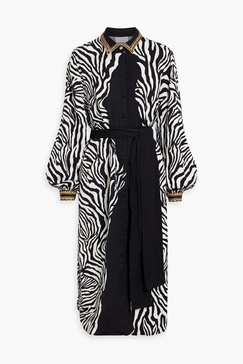 Crystal-embellished zebra-print woven midi shirt dress