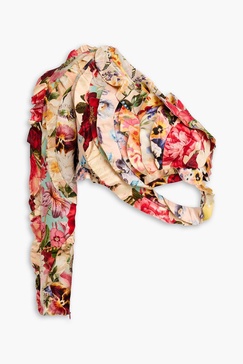 One-shoulder cropped floral-print linen and silk-blend top