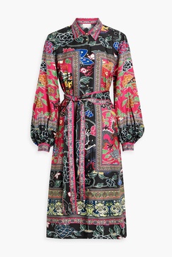 Crystal-embellished printed silk-twill midi shirt dress