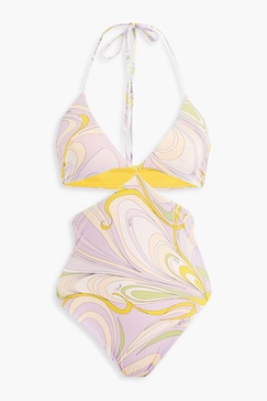 Cutout printed halterneck swimsuit