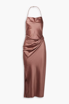 Draped silk-blend satin halterneck midi dress