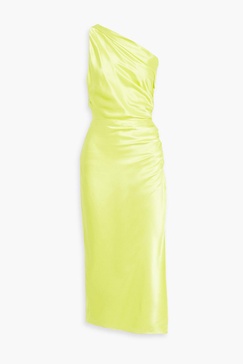 One-shoulder ruched silk-satin midi dress