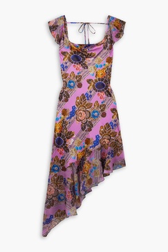 Asymmetric floral-print chiffon-trimmed silk-satin midi dress