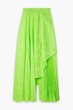 Asymmetric pleated printed satin maxi skirt