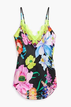 Lace-trimmed crystal-embellished printed silk camisole