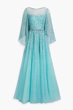 Hestia cape-effect embellished tulle gown