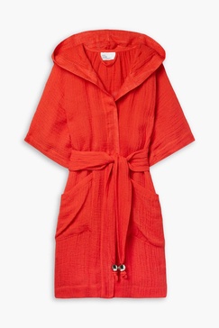 Belted linen-blend gauze coverup