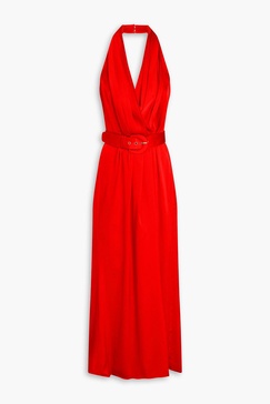 Lacey belted wrap-effect satin-crepe halterneck gown