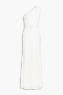 One-shoulder belted crepe gown