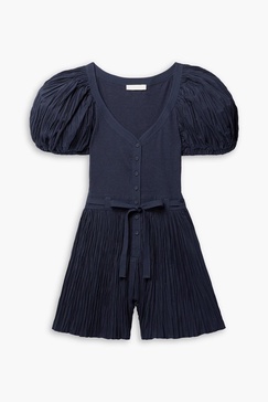 Vinny belted plissé-poplin and ribbed-knit playsuit