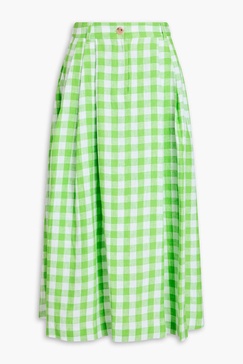 Tulay pleated checked hemp maxi skirt