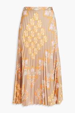 Pleated printed satin midi skirt